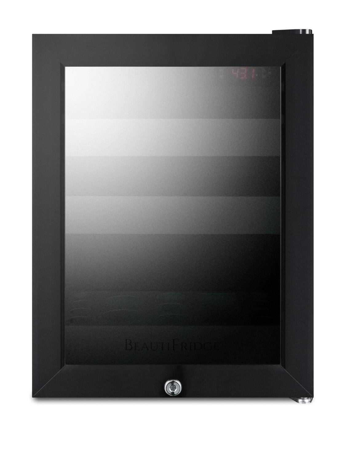 BeautiFridge compact cosmetics cooler with mirror-tinted glass door, black cabinet, lock, glossy mint shelves, and digital controls set for the storage of beauty products